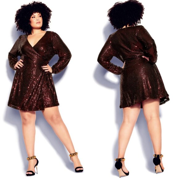 NWT City Chic Ruby Sequin Long Sleeve Wrap Mini Dress 20 - Picture 1 of 13